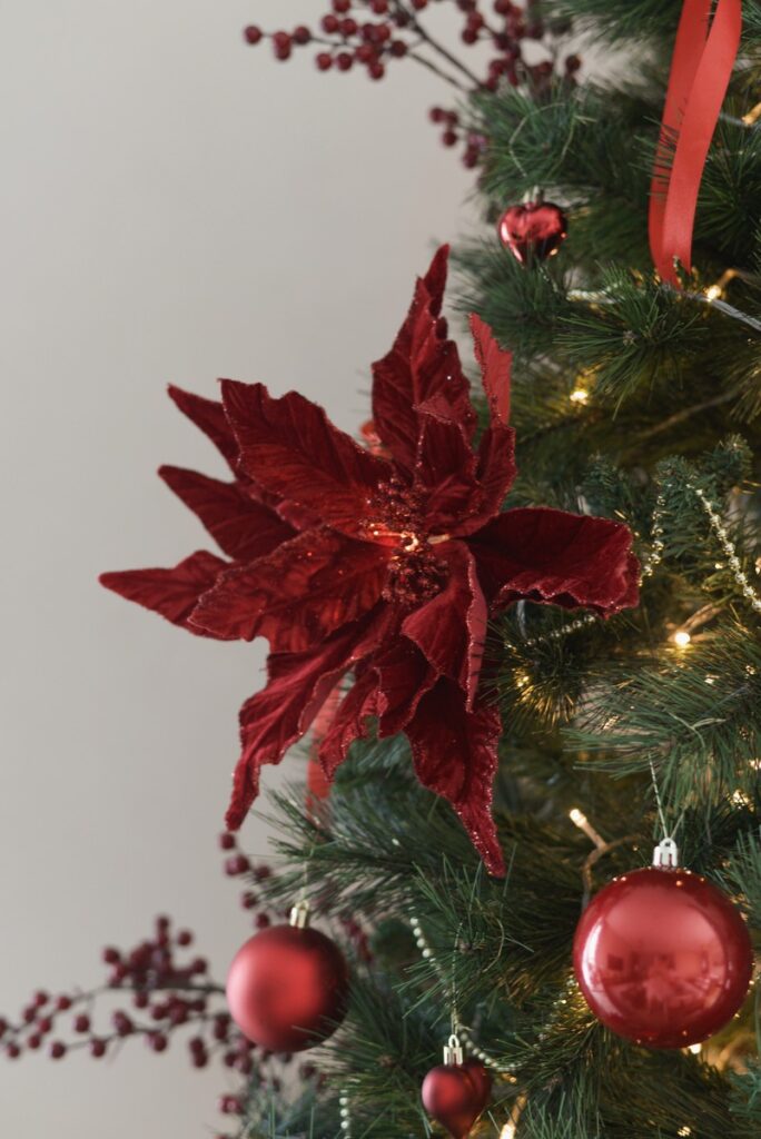 Red poinsettias on Christmas tree