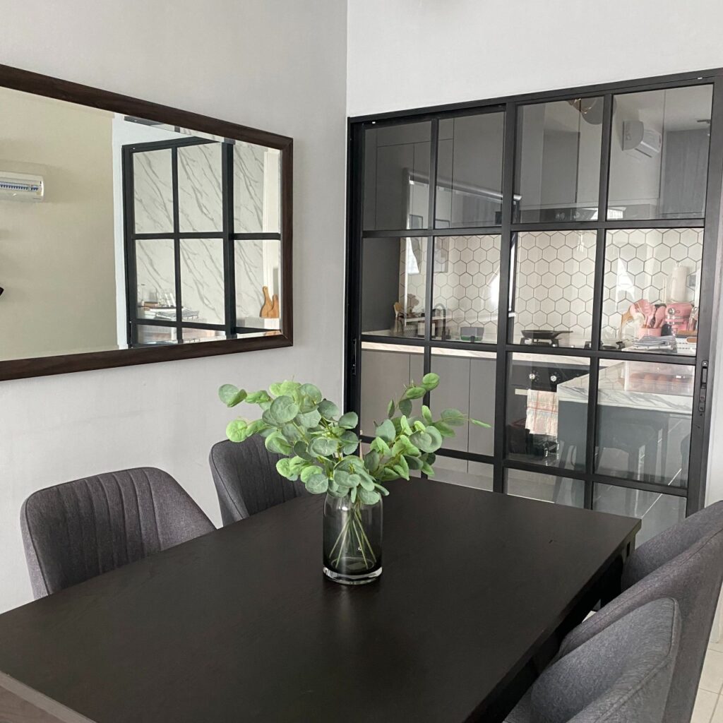 Grey and black dining room