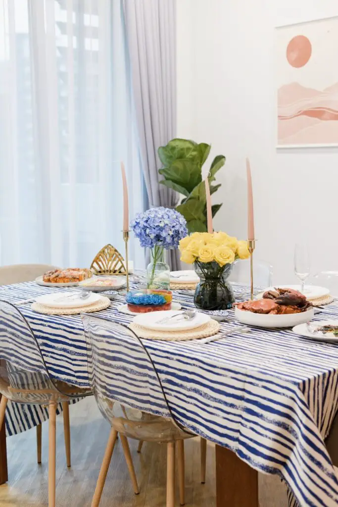 Blue and white striped table cloth