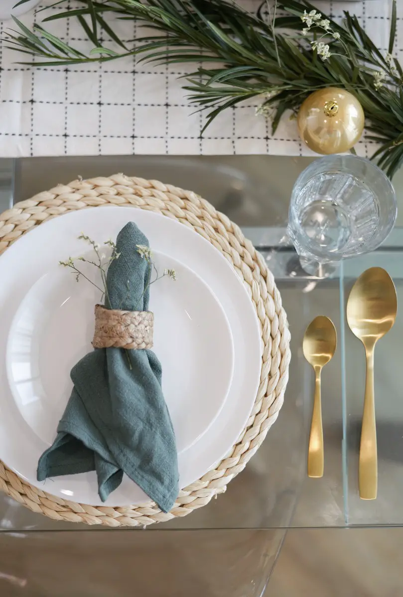 White, green and gold tableware and flatware